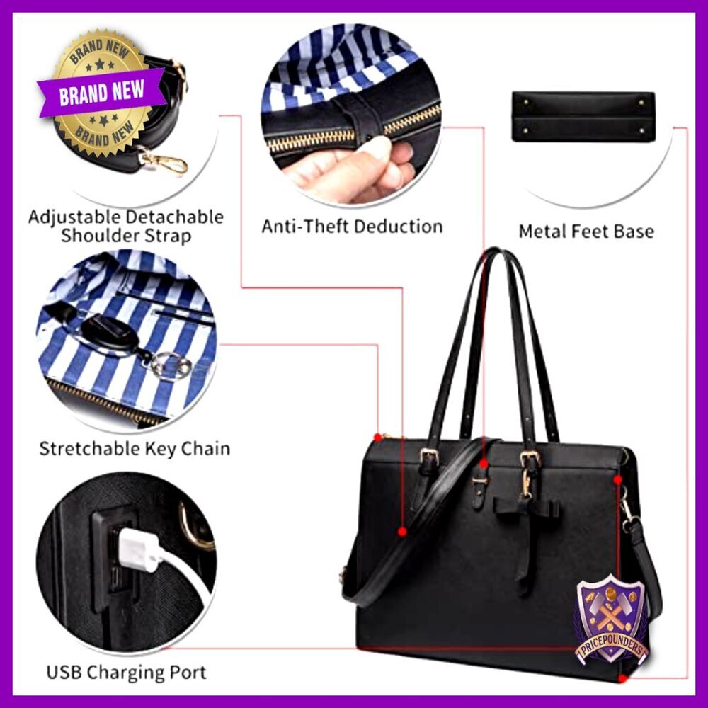 Large Leather Laptop Tote Bag with USB Charging Port, Adjustable Strap, Chic - Picture 5 of 7